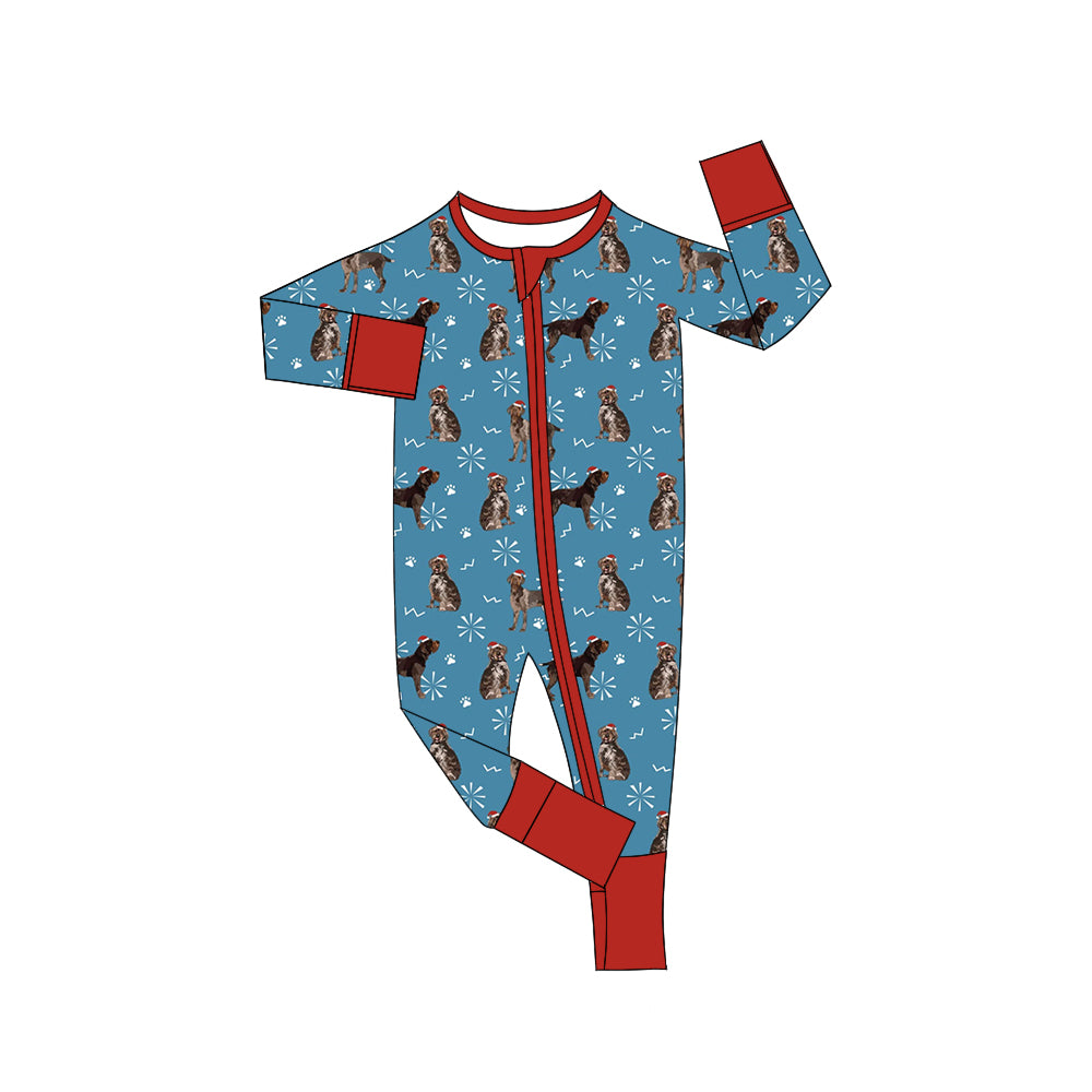 presale LR1350 Christmas hat puppy paw print snowflake red and blue zipper long sleeve jumpsuit