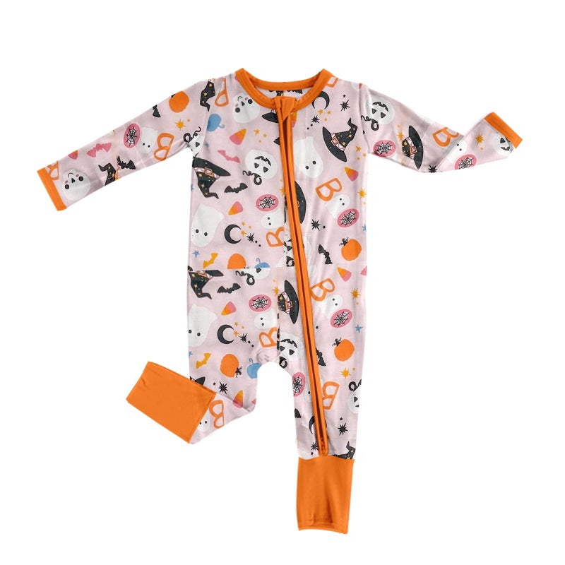 presale LR1356 Ghost Witch Hat Pink Orange Zipper Long Sleeve Bodysuit