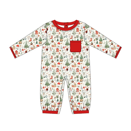 presale LR1362 Christmas Tree Snowman House Red Pocket Long Sleeve Onesie