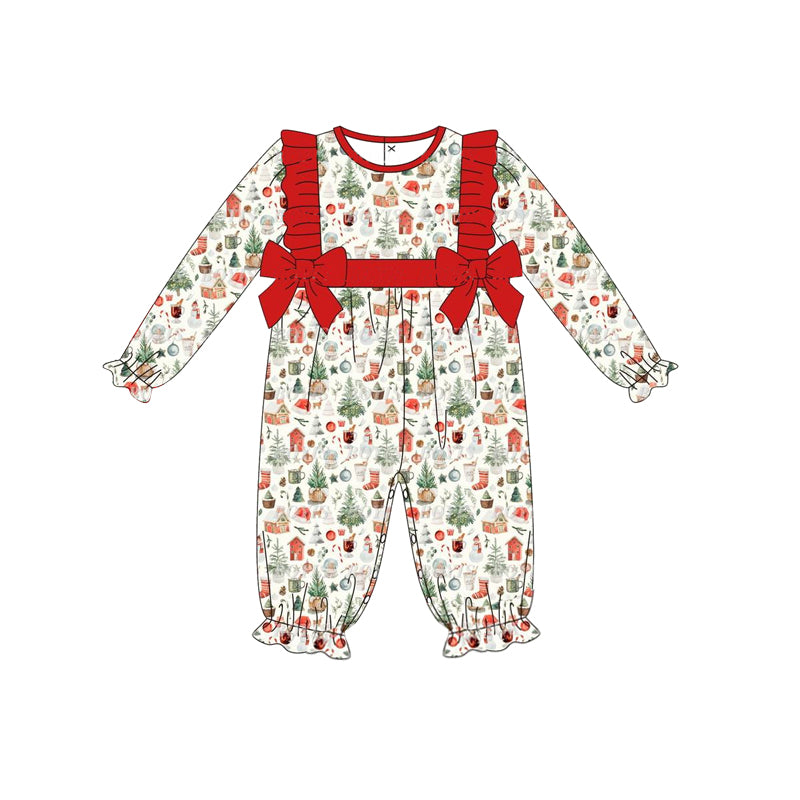 presale LR1363 Christmas Tree Snowman House Red Lace Bow Long Sleeve Bodysuit