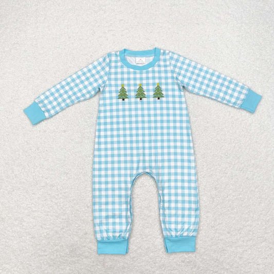 LR1366 Embroidered Star Christmas Tree Blue Plaid Long Sleeve Bodysuit