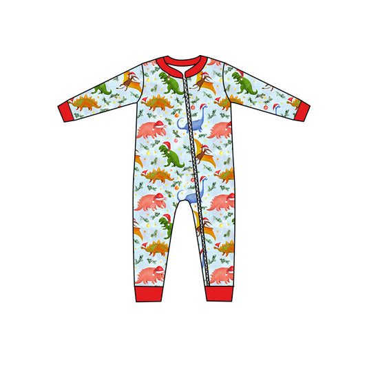 presale LR1373 Christmas Dinosaur Blue Zipper Long Sleeve Bodysuit