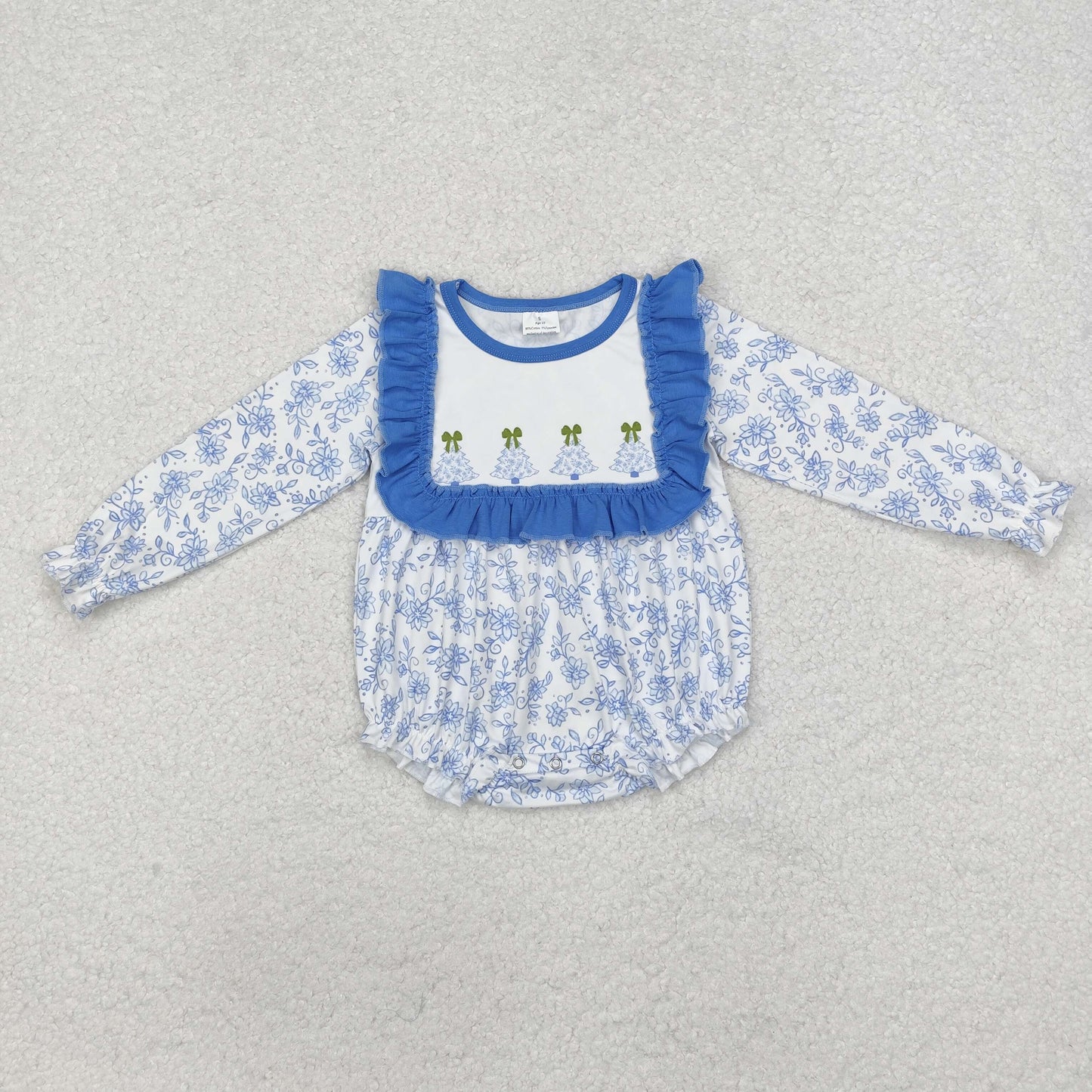 LR1374 White long-sleeved jumpsuit with Christmas tree flowers and blue lace