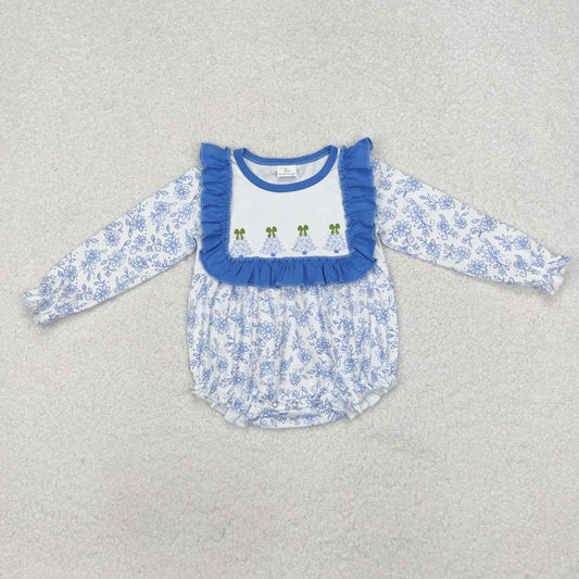 LR1374 White long-sleeved jumpsuit with Christmas tree flowers and blue lace