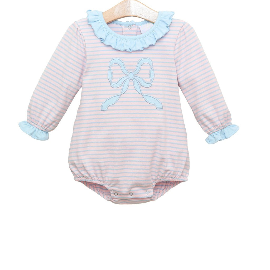 LR1379 Blue striped bow pattern lace pink legless long sleeve bodysuit