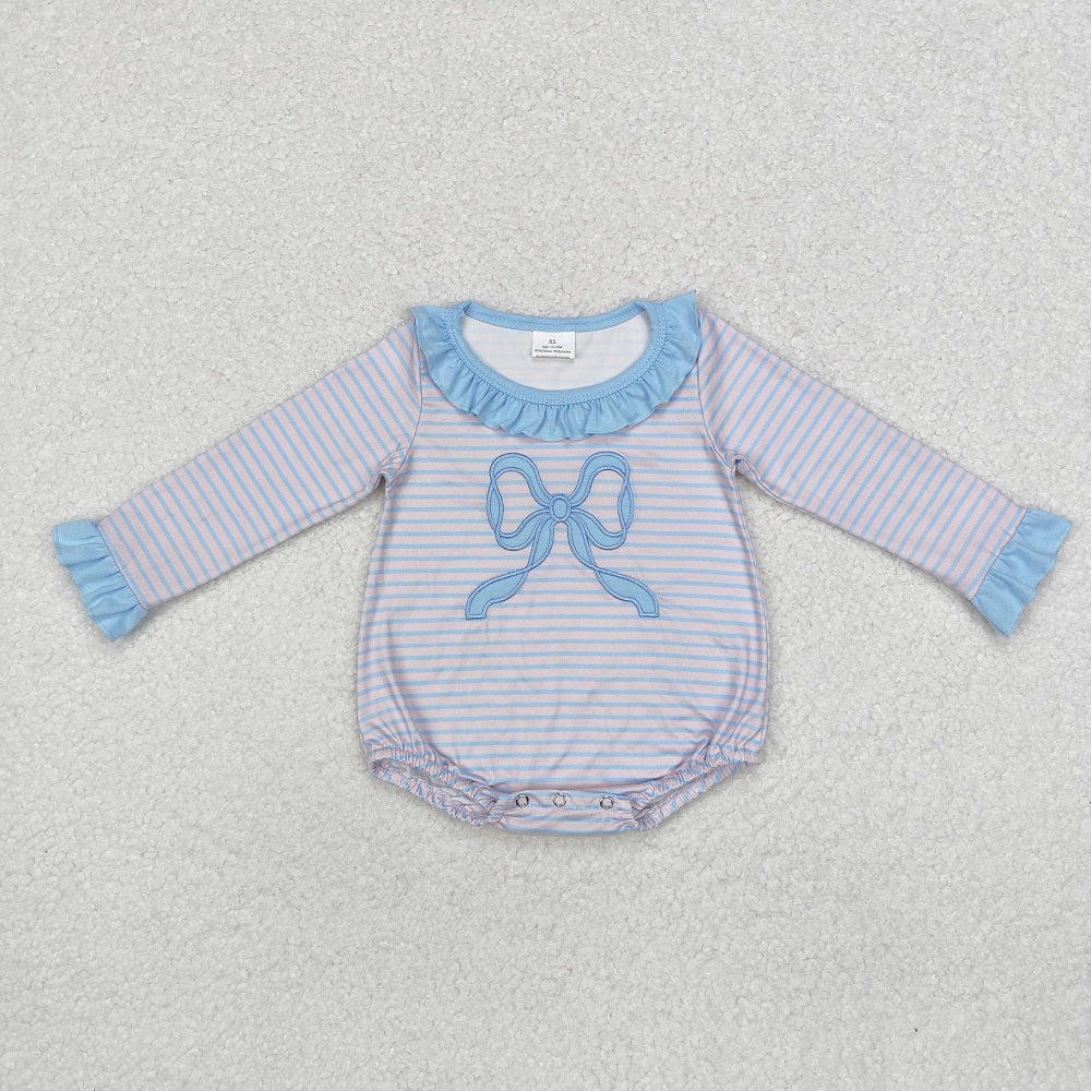 LR1379 Blue striped bow pattern lace pink legless long sleeve bodysuit