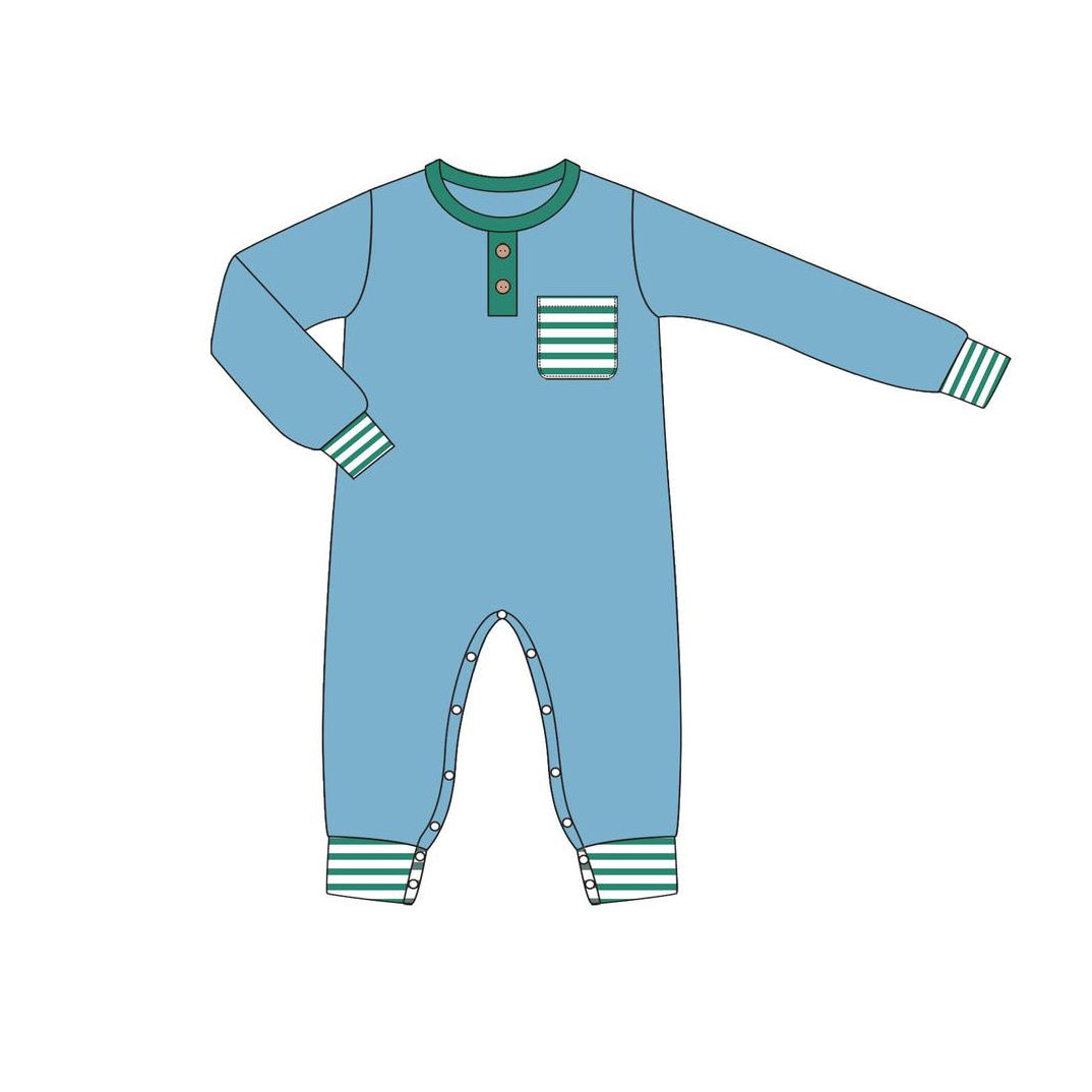 presale LR1381 Green Stripe Pocket Blue Long Sleeve Bodysuit