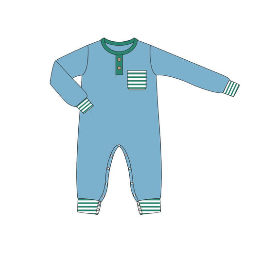 presale LR1381 Green Stripe Pocket Blue Long Sleeve Bodysuit