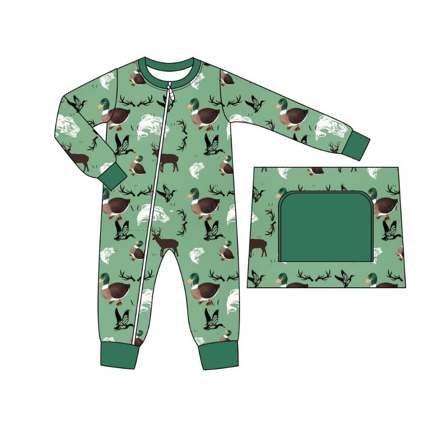 presale LR1384 Duck Fish Elk Green Zipper Long Sleeve Bodysuit