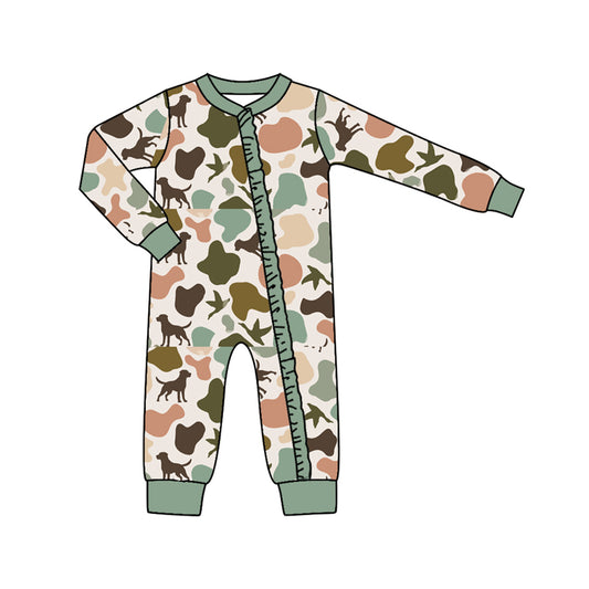 presale LR1386 Puppy Duck Camo Green Lace Zipper Long Sleeve Bodysuit