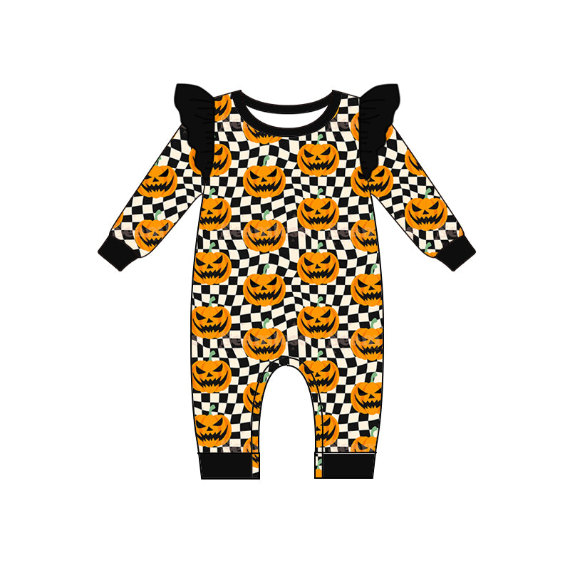 presale LR1388 Halloween Pumpkin Black and White Plaid Lace Long Sleeve Bodysuit