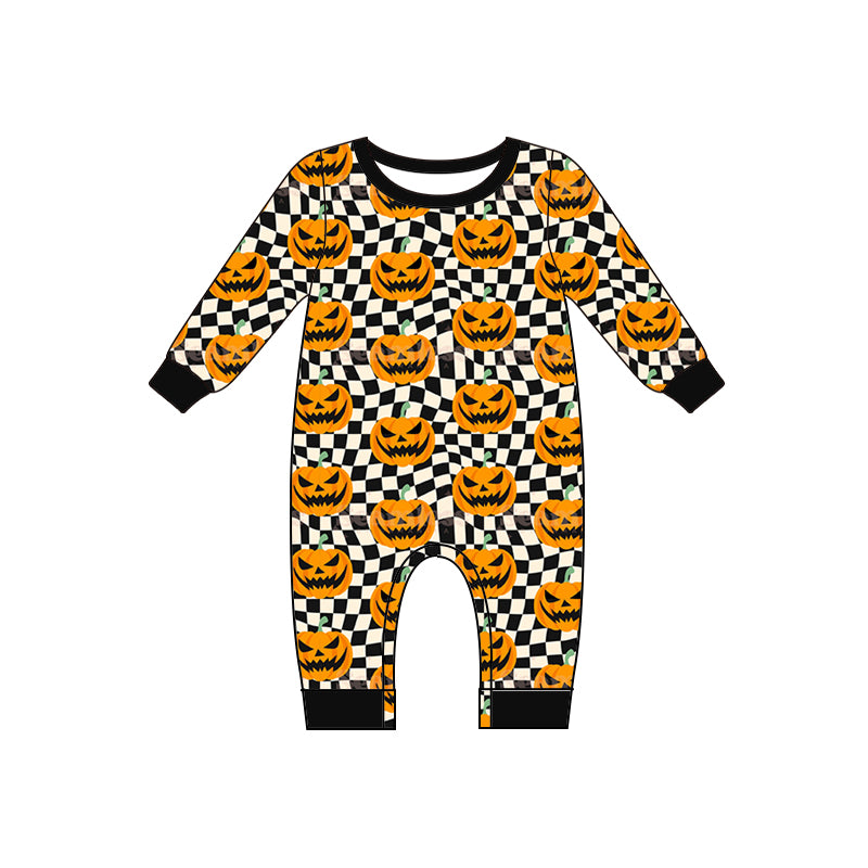 presale LR1389 Halloween Pumpkin Black and White Plaid Long Sleeve Bodysuit