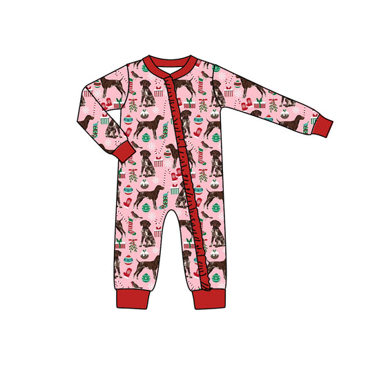 presale LR1393 Christmas Tree Gift Puppy Red Lace Pink Zipper Long Sleeve Onesie