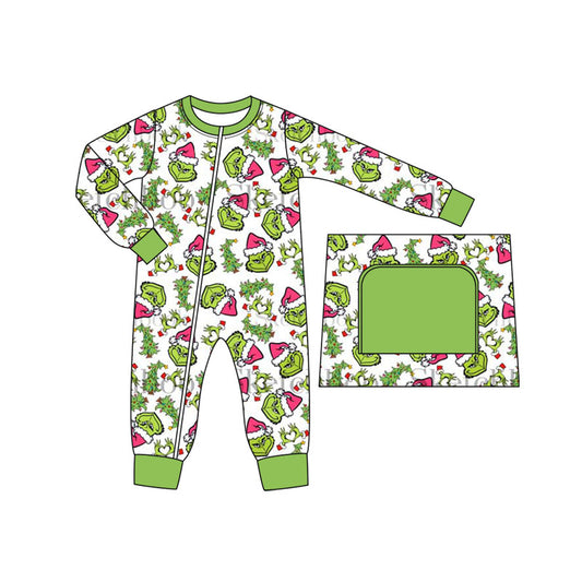 presale LR1394 White Zipper Long Sleeve Bodysuit with Christmas Tree Green Trim