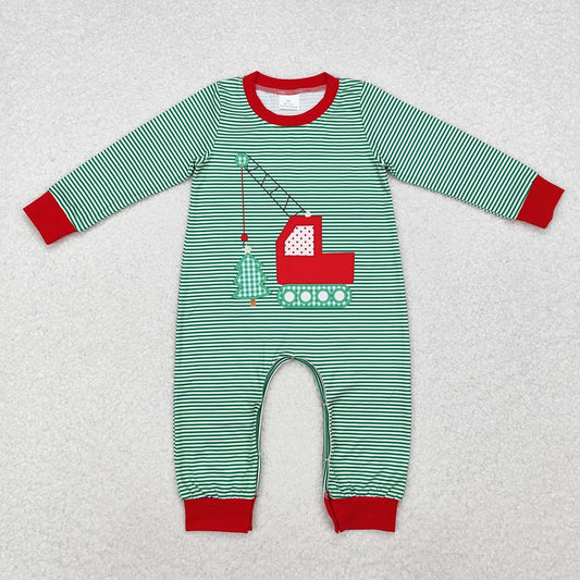 LR1402 Christmas Tree Construction Truck Stripe Green Long Sleeve Bodysuit