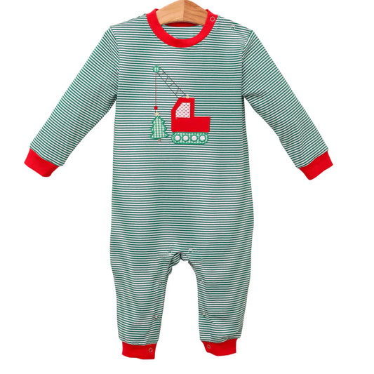 presale LR1402 Christmas Tree Construction Truck Stripe Green Long Sleeve Bodysuit