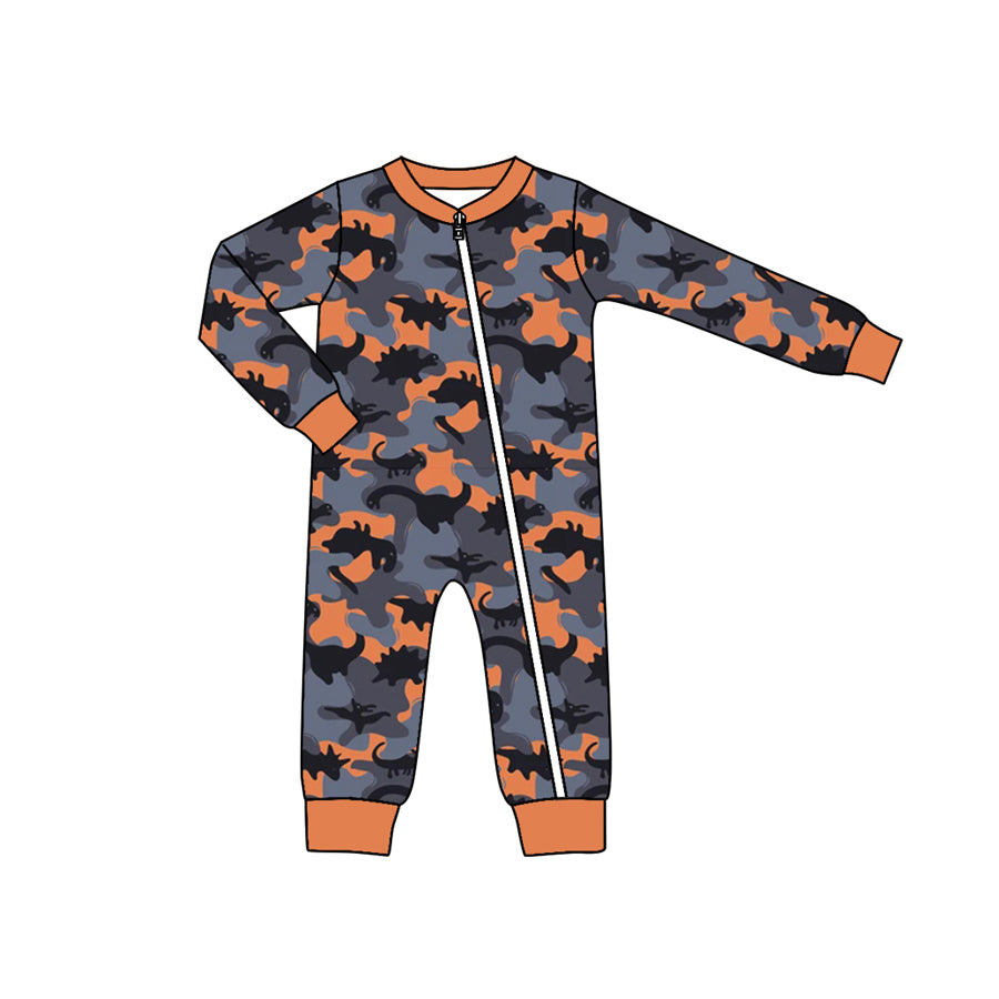 presale LR1407 Dinosaur Blue and Orange Camouflage Zipper Long Sleeve Bodysuit