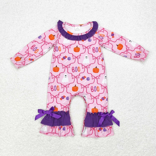 LR1411 Pink long-sleeved bodysuit with ghost pumpkin bow pattern and purple lace