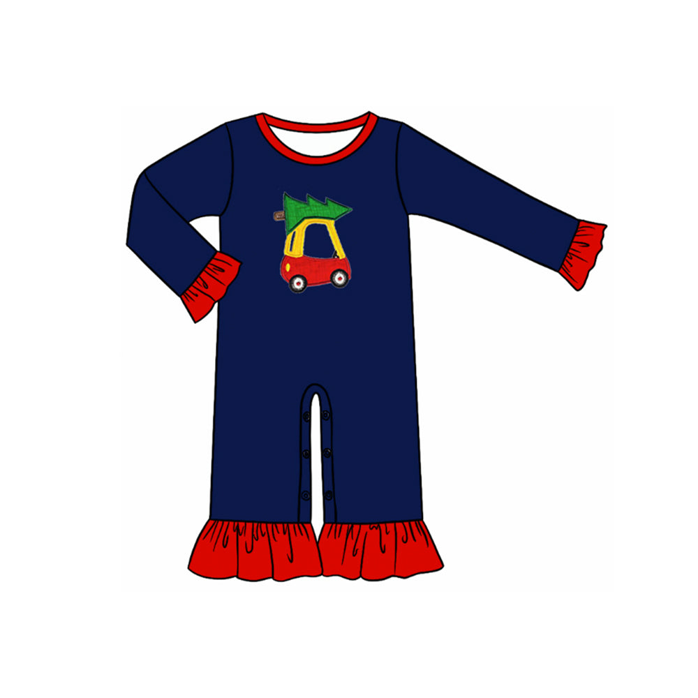 presale LR1421 Christmas Tree Car Lace Navy Blue Long Sleeve Bodysuit