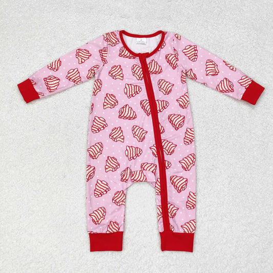 LR1428 Christmas Tree Cookie Polka Dot Pink Zipper Long Sleeve Bodysuit