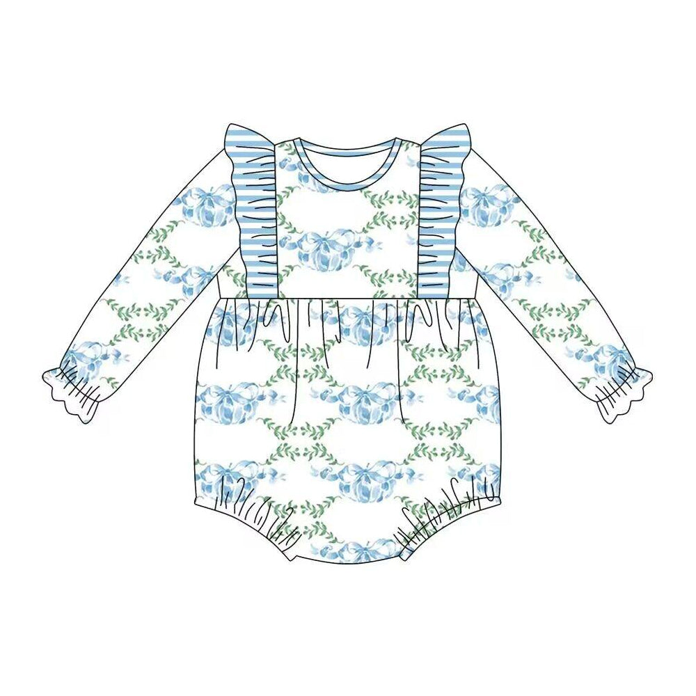 presale LR1430 White long-sleeved bodysuit with pumpkin leaf blue stripe lace  2024 7.11