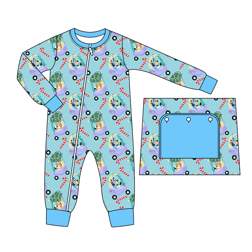 LR1431  Bamboo Christmas Tree Car Cane Blue Zipper Long Sleeve Bodysuit
