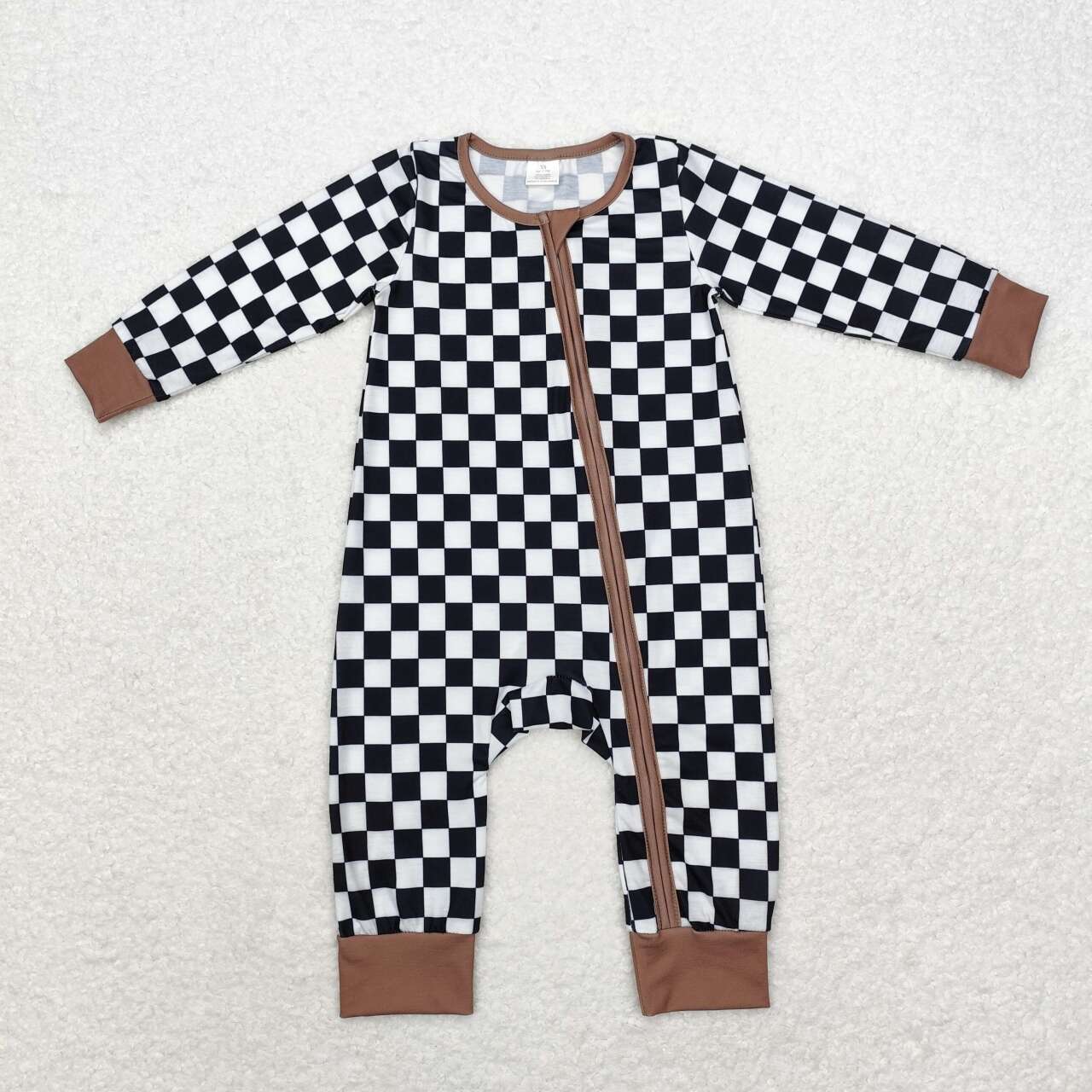 LR1436  Black and White Plaid Brown Trim Zipper Long Sleeve Bodysuit