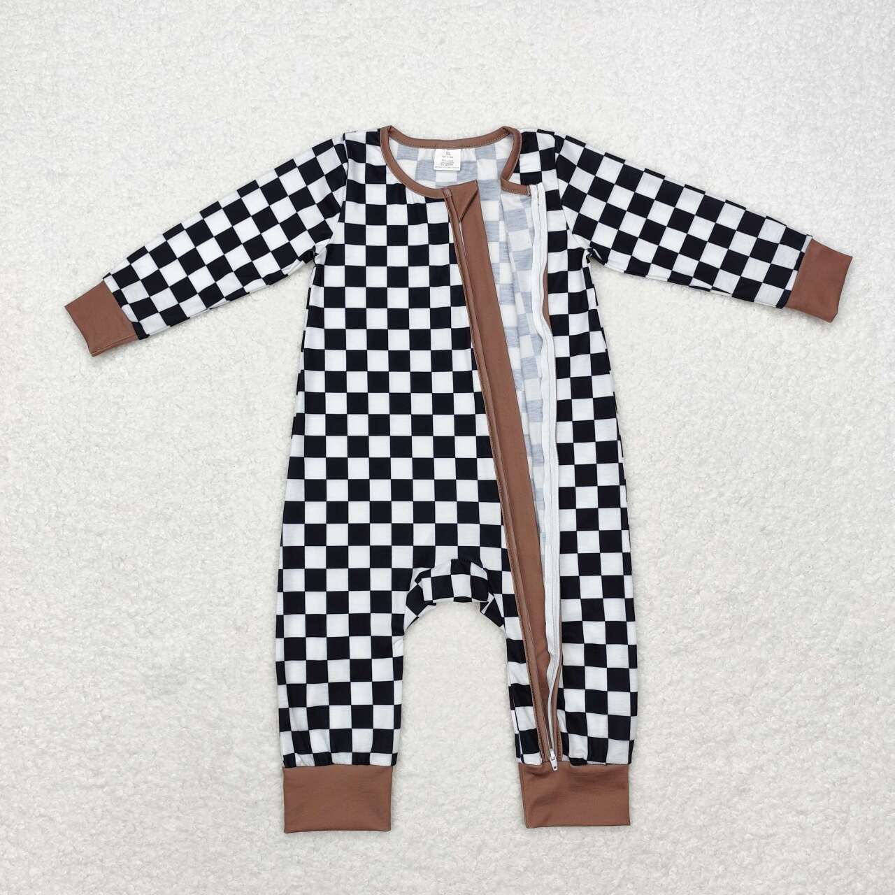 LR1436  Black and White Plaid Brown Trim Zipper Long Sleeve Bodysuit