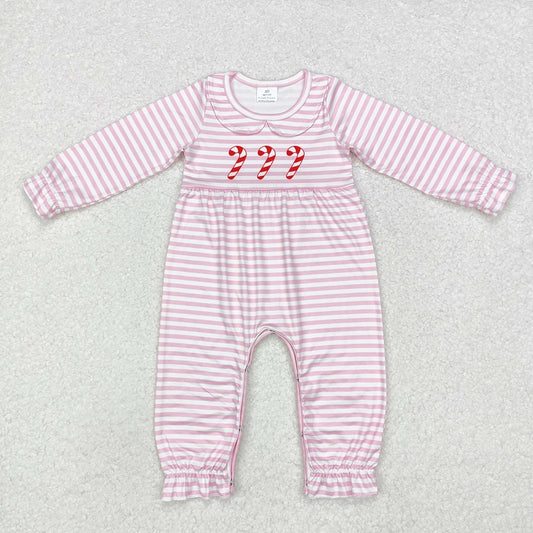 LR1441 Christmas Cane Doll Collar Pink Striped Long Sleeve Bodysuit