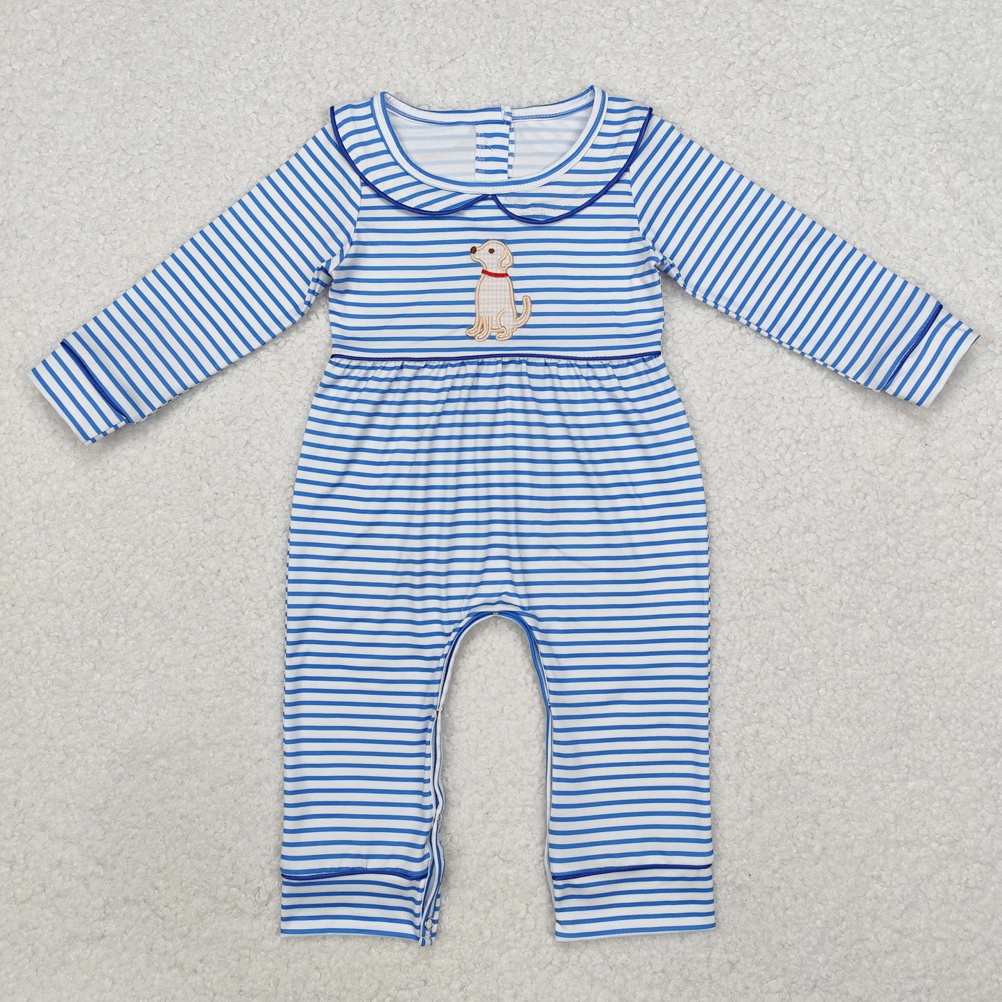 LR1447 Boys Blue and White Embroidered Puppy Stripe Long Sleeve Romper