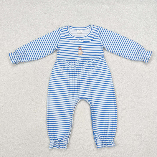 LR1448 Embroidery Girls Puppy Striped Doll Collar Blue and White Long Sleeve Bodysuit