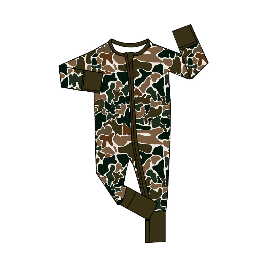 LR1453 Bamboo Brown Green Camouflage Beige Zipper Long Sleeve Bodysuit