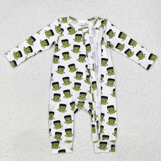 LR1471 Halloween Green Monster White Zipper Long Sleeve Bodysuit