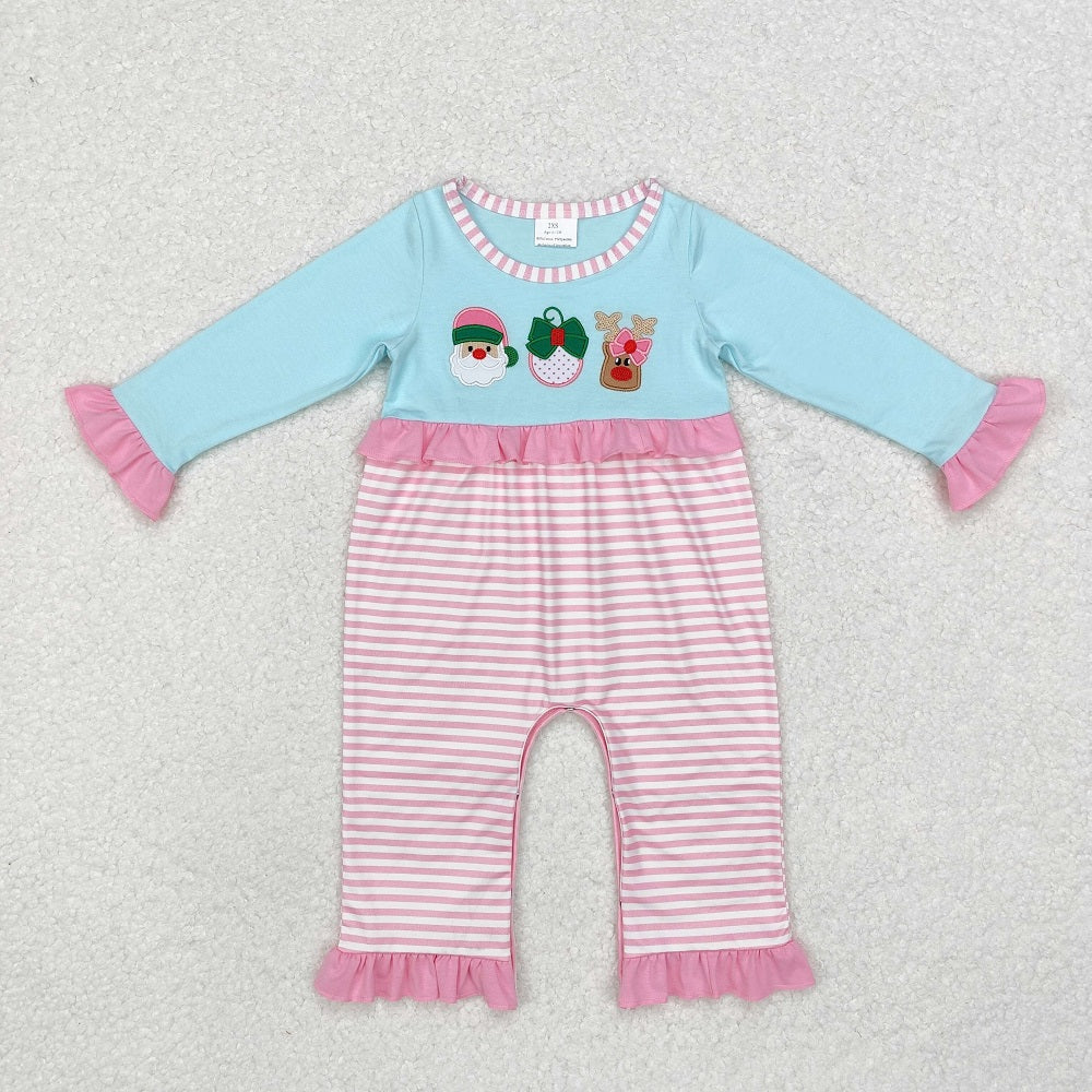 LR1476 Embroidered Santa Claus Reindeer Pink Lace Stripe Blue Long Sleeve Bodysuit