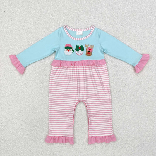 LR1476 Embroidered Santa Claus Reindeer Pink Lace Stripe Blue Long Sleeve Bodysuit