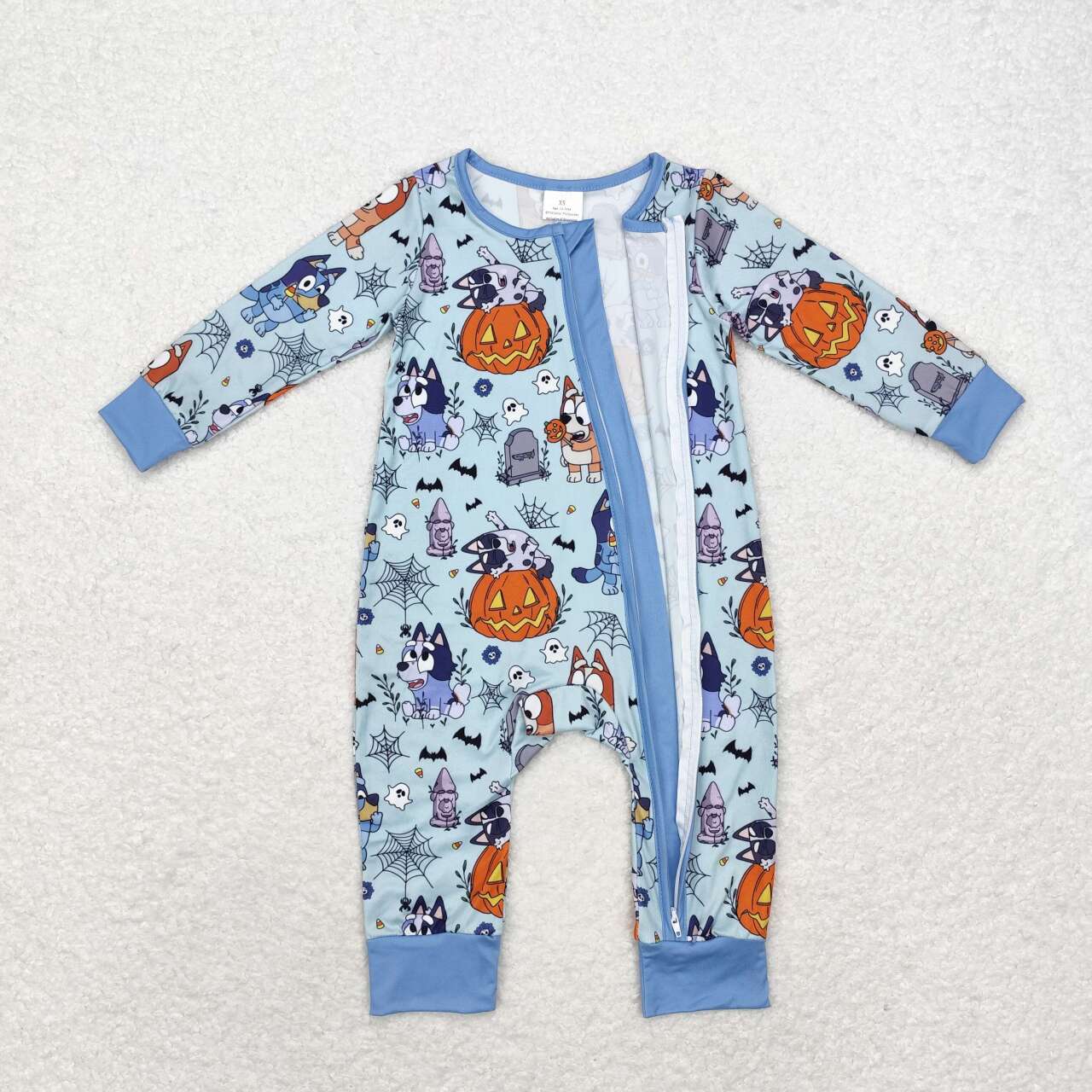 LR1482 Halloween Spider Web Blue Zipper Long Sleeve Bodysuit