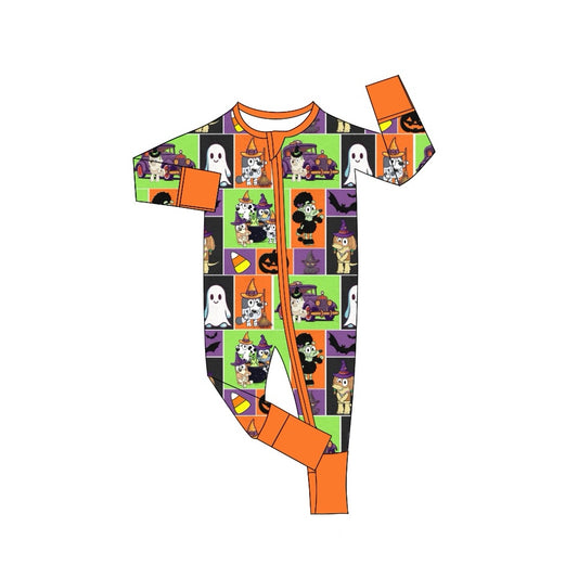 presale LR1485  Halloween Candy Pumpkin Purple Green Orange Plaid Zipper Long Sleeve Bodysuit 2024 7.17