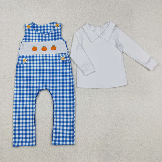 LR1501 White Top Pumpkin Embroidery Blue Plaid Romper Baby Boys Fall 2 Pieces Clothes Set  D 903