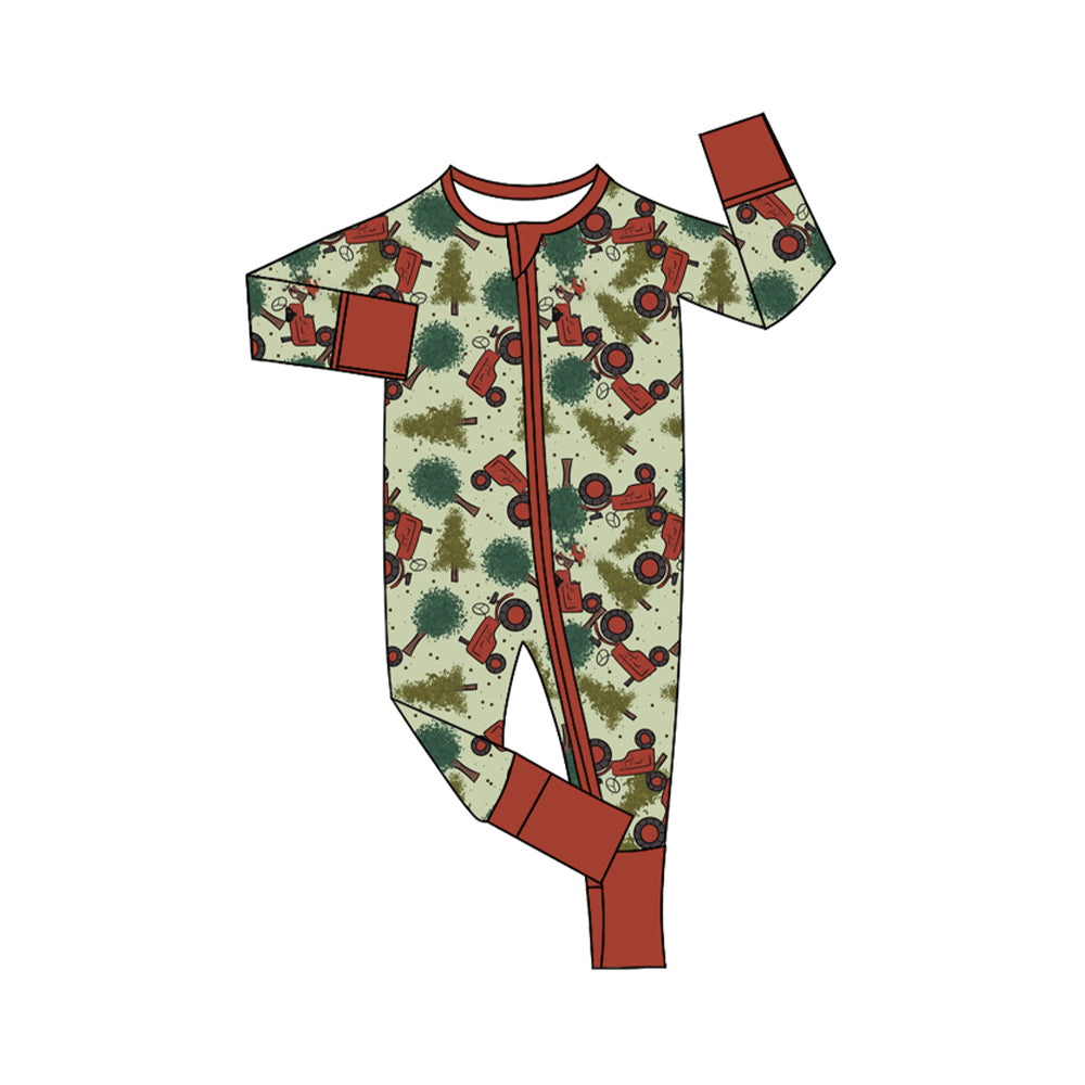 presale LR1507 Christmas Tree Tractor Red and Green Zipper Long Sleeve Bodysuit 2014 7.19