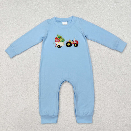 LR1508 Christmas Tree Tractor Blue Zip-Up Long Sleeve Bodysuit