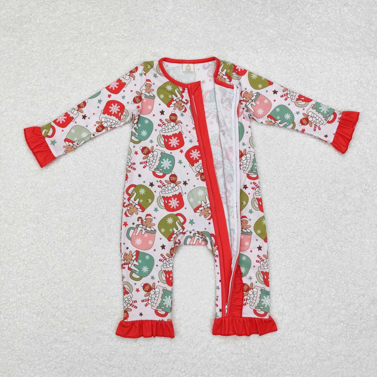 LR1509 Christmas Gingerbread Man Mug Red Lace Zipper Long Sleeve Bodysuit