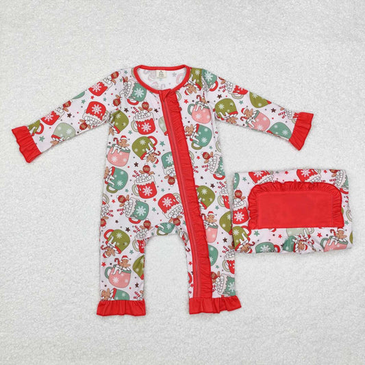 LR1509 Christmas Gingerbread Man Mug Red Lace Zipper Long Sleeve Bodysuit