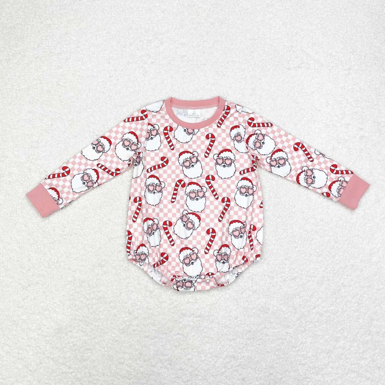 LR1511 Santa Cane Pink and White Plaid Long Sleeve Bodysuit