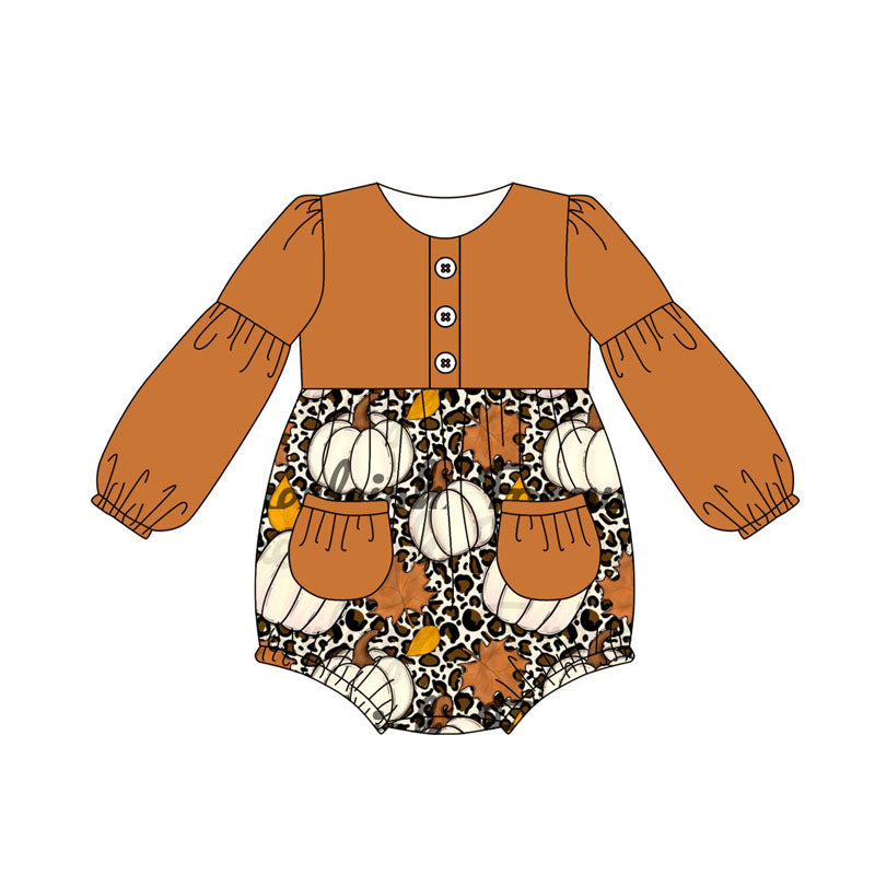 presale LR1513  Pumpkin Leaf Leopard Print Brown Pocket Long Sleeve Bodysuit 2014 7.19