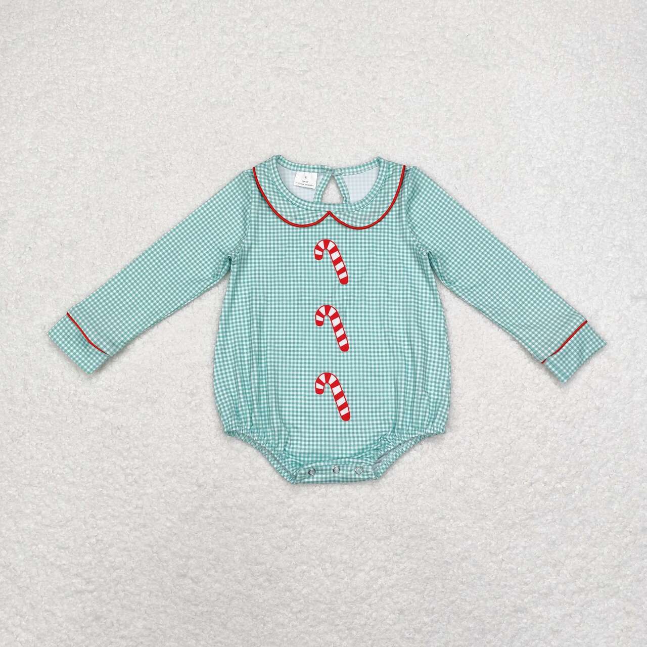 LR1519  Christmas Cane Green Plaid Baby Collar Long Sleeve Bodysuit