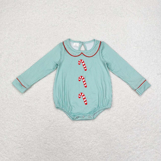 LR1519 Christmas Cane Green Plaid Baby Collar Long Sleeve Bodysuit