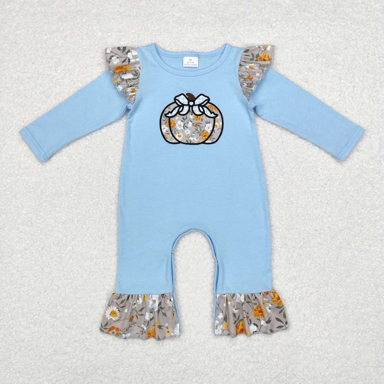 LR1529 Blue long-sleeved bodysuit with pumpkin flower lace and bow