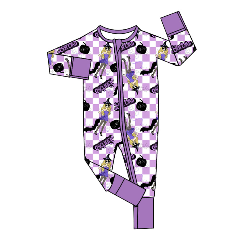 presale LR1530 Pumpkin Halloween Purple and White Plaid Zipper Long Sleeve Bodysuit  2024 7.22