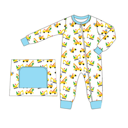 presale LR1536 Christmas Engineering Truck Gift Blue and White Zipper Long Sleeve Bodysuit 2024 7.22