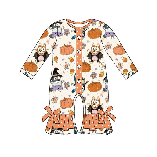 presale LR1541  Halloween Pumpkin Blossom Candy Polka Dot Orange Lace Button Long Sleeve Bodysuit 2024 7.23